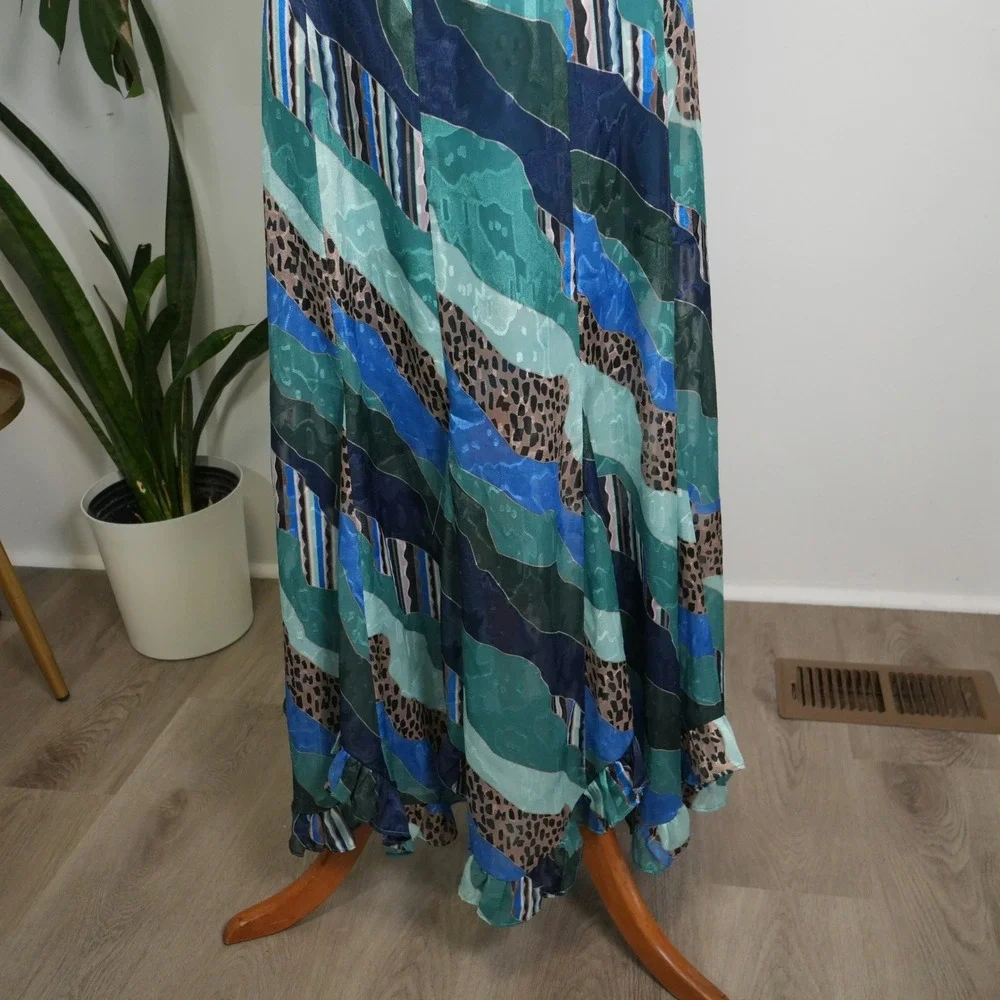 Hutch Maxi Dress 00 Blue Teal Abstract Leopard Ruffle Spaghetti Strap 10247